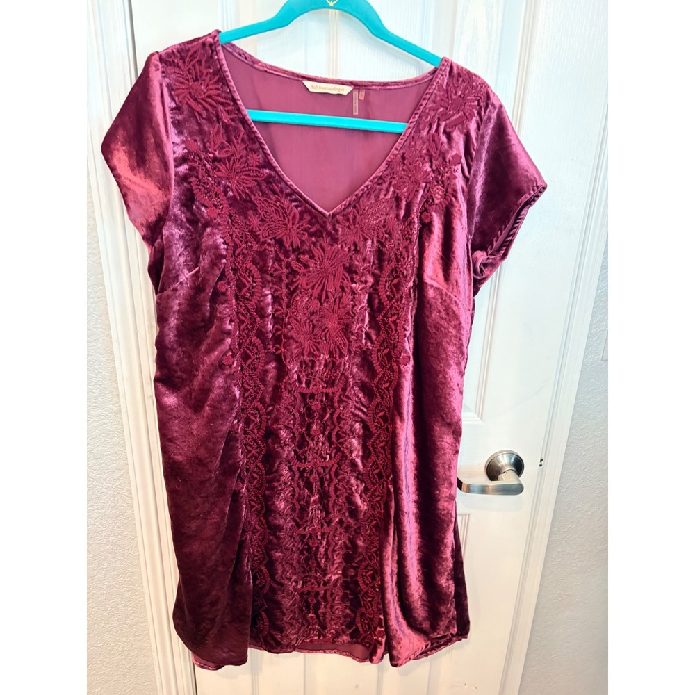 Soft Surroundings Dress Berry Wine Velvet Embroidered Lace V-Neck Shift Boho L